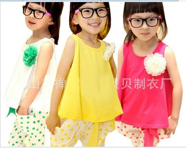 2014 New summer baby girl suit white yellow flower vest + dot shorts 2pcs set kids girls casual clothing set 5set/lot