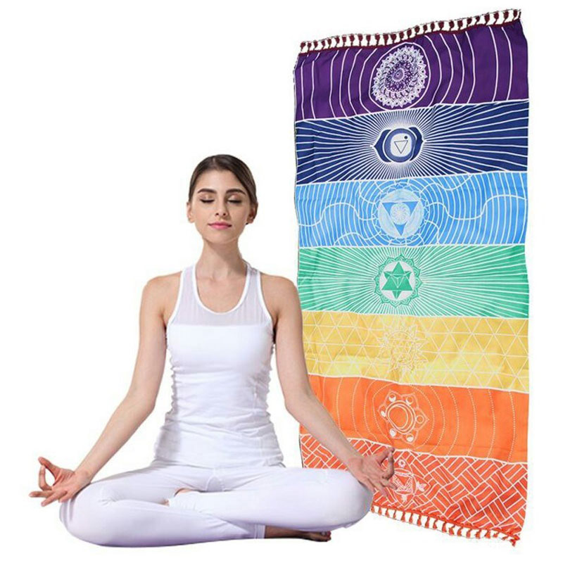 Description Picture 4 of itemPolyester Bohemia Wall Hanging India Mandala Blanket 7Chakra Colored Tapestry Rainbow Stripes Travel Summer Beach Yoga Mat