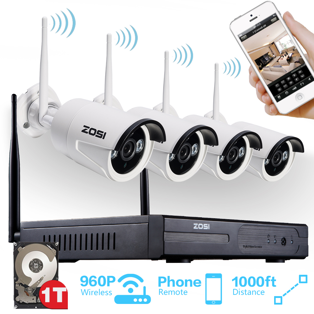 ZOSI 4CH CCTV System 960P HDMI NVR 4PCS 1.3 MP IR Outdoor P2P Wireless IP CCTV Camera Security System Surveillance Kit 1TB HDD