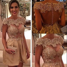 Mini Robe De Cocktail Dresses For Wedding Party Womens See Through Taffeta Sexy Modest Short Lace Sheer Neck Appliques Beaded