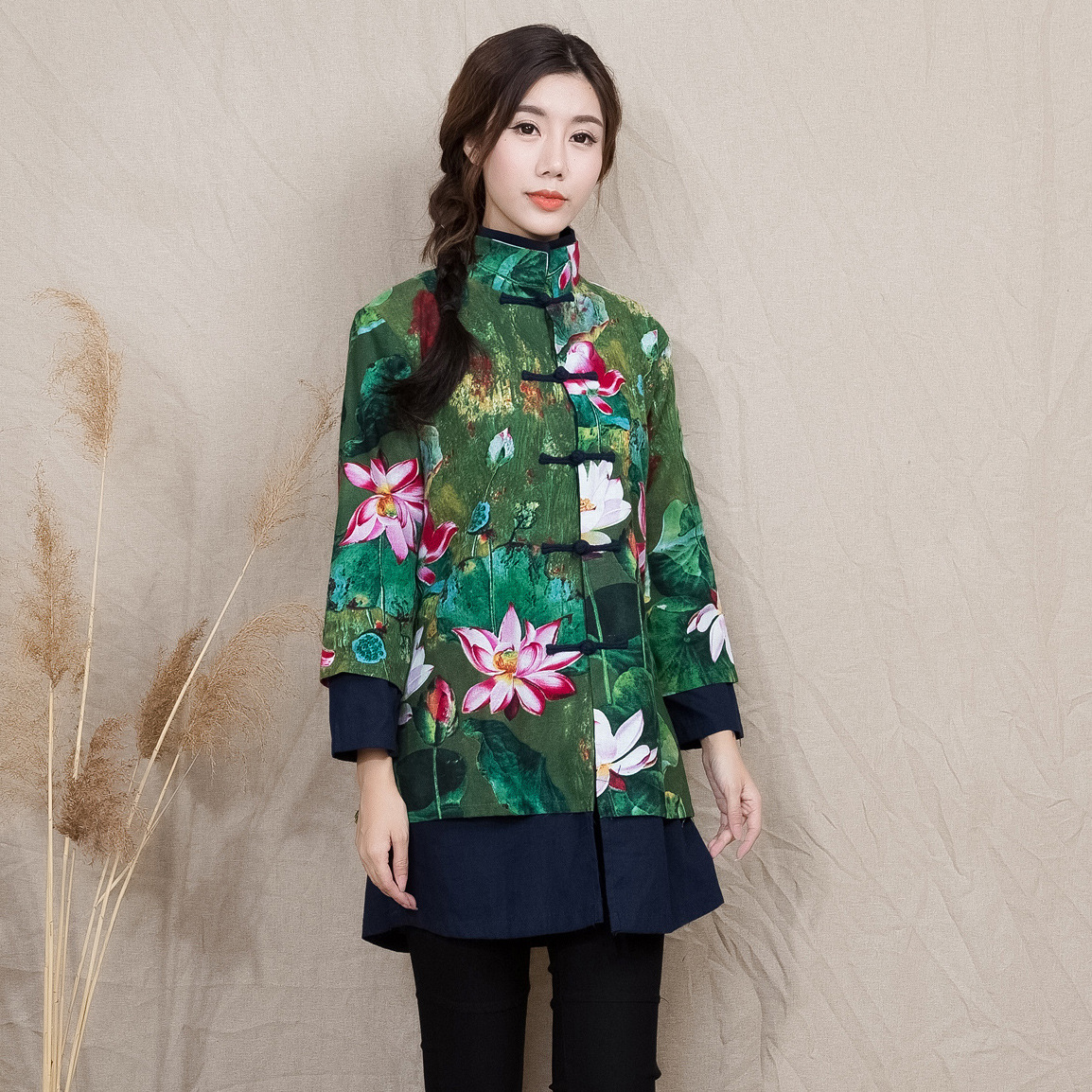 New Yunnan folk style dress code double coat printing cotton long sleeved jacket dress female