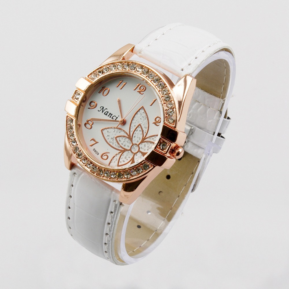 WH137 girl hour clock Exquisitely Flower New Fashion Jewelry Simulated Diamond Ladies PU Leather Quartz Wristwatches