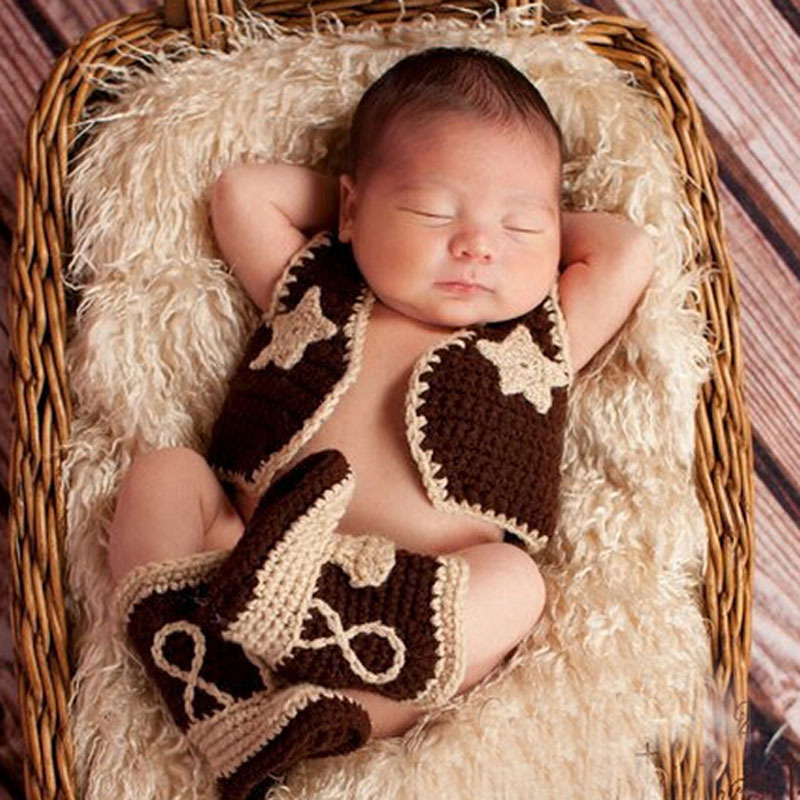 Baby Cowboy Boots and Vest Set Crochet Pattern Infant Costume Outfit Knitted Newborn Photography Photo Prop H187