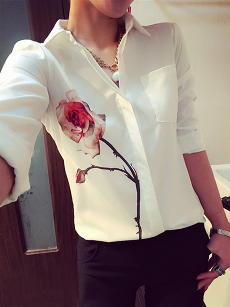 Women Turn Down Collar Chiffon Shirts White plus-size Women Clothes spring summer Rose Flower Printed Long Sleeve Blouse CX1-2