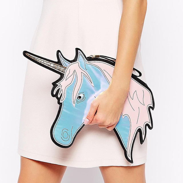 Fashion brand personality unique design laser cute unicorn diamond shape envelope package Clutch handbags wallet purse