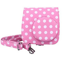 Vintage Instax Mini 8 Camera Case Bag With Film Count Show, PU Leather, Pink With White Dots XJB773