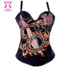 Burlesque Dragon Sword Printed Cotton Black Corset Women Korse For Club Party Bustier Overbust Espartilho Gothic Clothing S-XXL