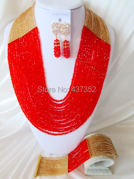 Fashion 22'' Long 16 layers Champagne Gold and Red Crystal Nigerian Beads Necklaces African Wedding Beads Jewelry Set NC021