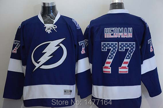Здесь можно купить  Tampa #77 Victor Hedman Hockey Jersey Royal Blue Stitched Mens USA Flag Victor Hedman Ice Hockey Jerseys Shirt  Спорт и развлечения
