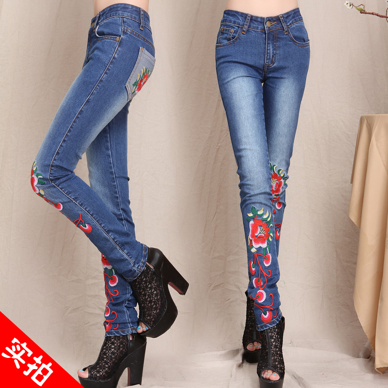 long flowers embroidery jeans for girls spring autumn vintage design ...