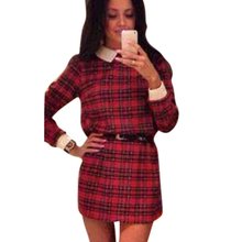 2016 New Style Autumn Women’s Long Sleeve Casual Tartan Mini Dress Lapel Collar Plaid Dress Hot H1