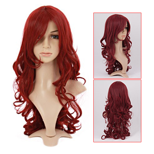 New Charming Long Wavy Wine Red Hair Synthetic Wig Womens Party Full Wigs Free Shipping