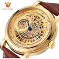 OUYAWEI Men Wristwatches Skeleton Male Clock Leather Strap Steampunk GOLD Casual Watches Automatic Mechanical Watch