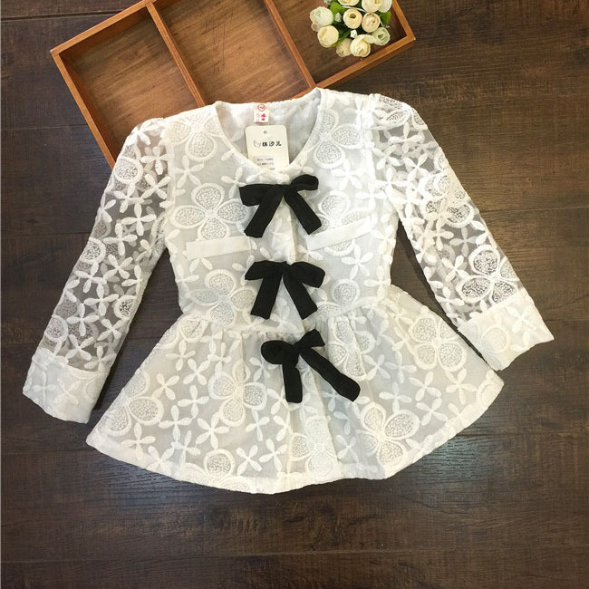 2015 spring summer flower mbroidery lace clairvoyant blouses bow princess girls Cardigan style blouse suit