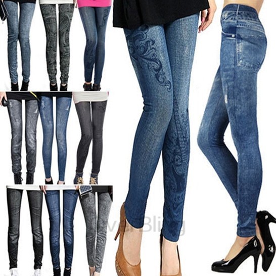 Fashion Design Solid Slim Skinny Printed Thin Denim Leggings for Women Black Blue Fake Jeans Legging