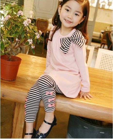 2015 New girls autumn clothing set lovely cat printed children T shirt Leggings baby clothes fashion