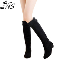 2015 Women Long Flat Boots Over The Knee Boots High Leg Fashion Ladies Low Heels Thigh High Suede Antiskid Shoes for Women