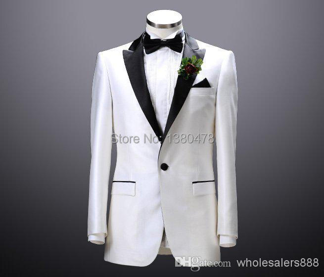 2014 - Groom Tuxedos White One Button Peak Black Lapel Best Man Groomsman Men Wedding Suits Prom/Form/Bridegroom (Jacket+Pants+T