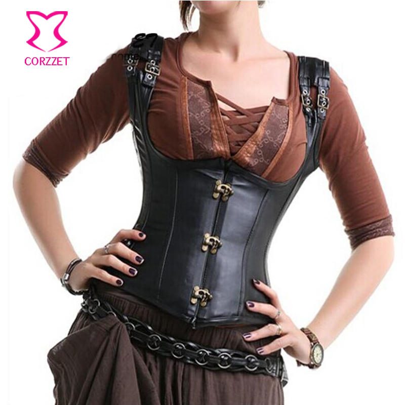 Gothic Clothing Black Steampunk Underbust Leather Corset Top Waist Training Steel Boned Corsets 