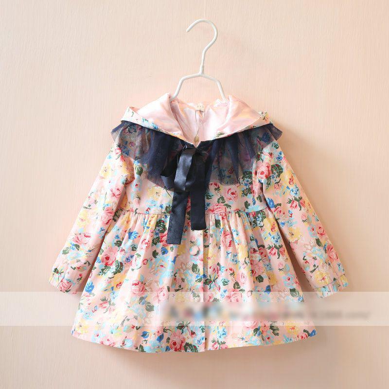  2105 new winter fashion girls outwear sweet flower hooded children tench coats bowknot tulle shoulders kids coat children clothing L0105