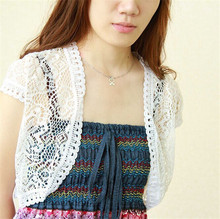 Free shipping 2016 New Fashion Women Lace Round Neck Short Blouse Shirt Half Sleeve Small Shawl Chiffon Lace Cardigan Gauze C02