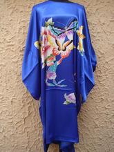 Free Shipping Blue Painting Chinese Women’s Silk Gown Robe Nightgown Yukata Flower One Size S4027
