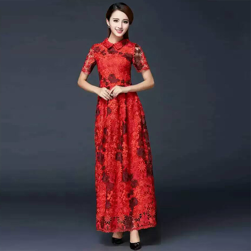 Luxury Dress 2015 New Fashion Autumn Brand Runway Soluble Embroidery Turn-Down Collar Short Sleeve Toast Red Long Dress