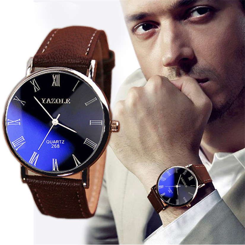 Factory price Luxury Fashion Faux Leather Men Blue Ray Glass Quartz Analog Watches Casua Cool Watch