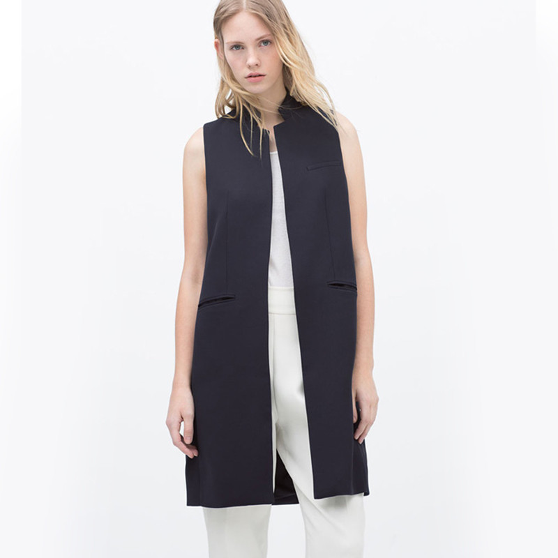 White-Black-Long-Sleeveless-Blazer-2015-Autumn-Women-Vest-Stand-Collar-Pocket-Waistcoat-Casual-Jacket-Coat