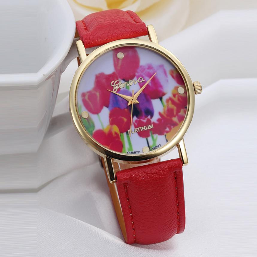 Watch For Women's Fashion Flower Dial Leather Band Quartz Analog Red Case Luxury Watches Bracelet Watches