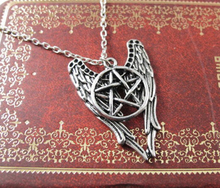 2015 Fashion Antique Silver Supernatural Necklace Pentagram Pendant Castiel Wings Angel Wicca US SELLER Jewelry AE02045