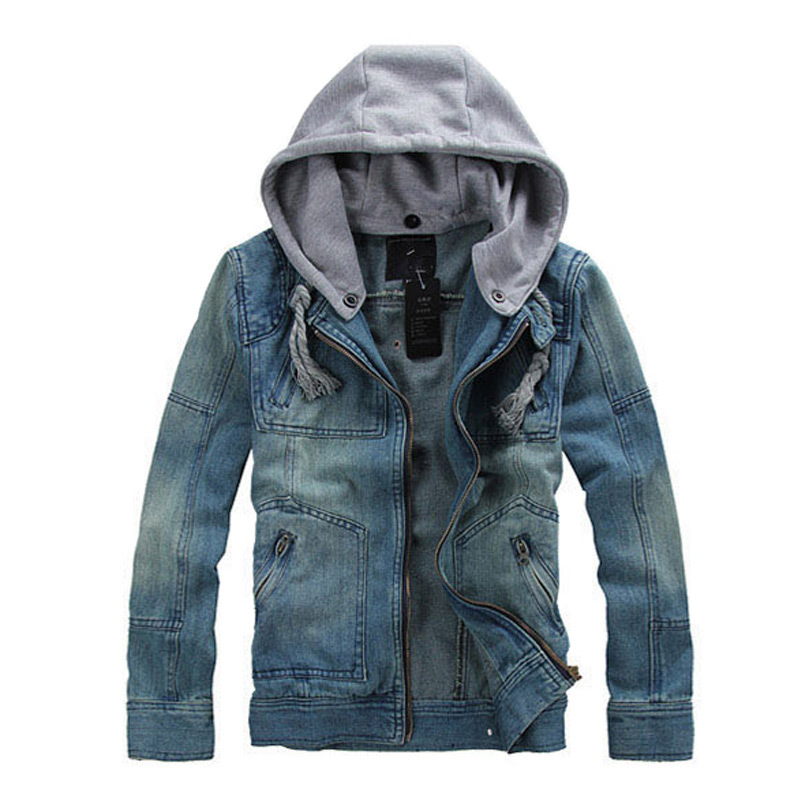 2015 Winter Mens Clothes Zipper Slim Hooded Denim Jacket Outdoors Casual Jeans Jacket Male Outerwear 100