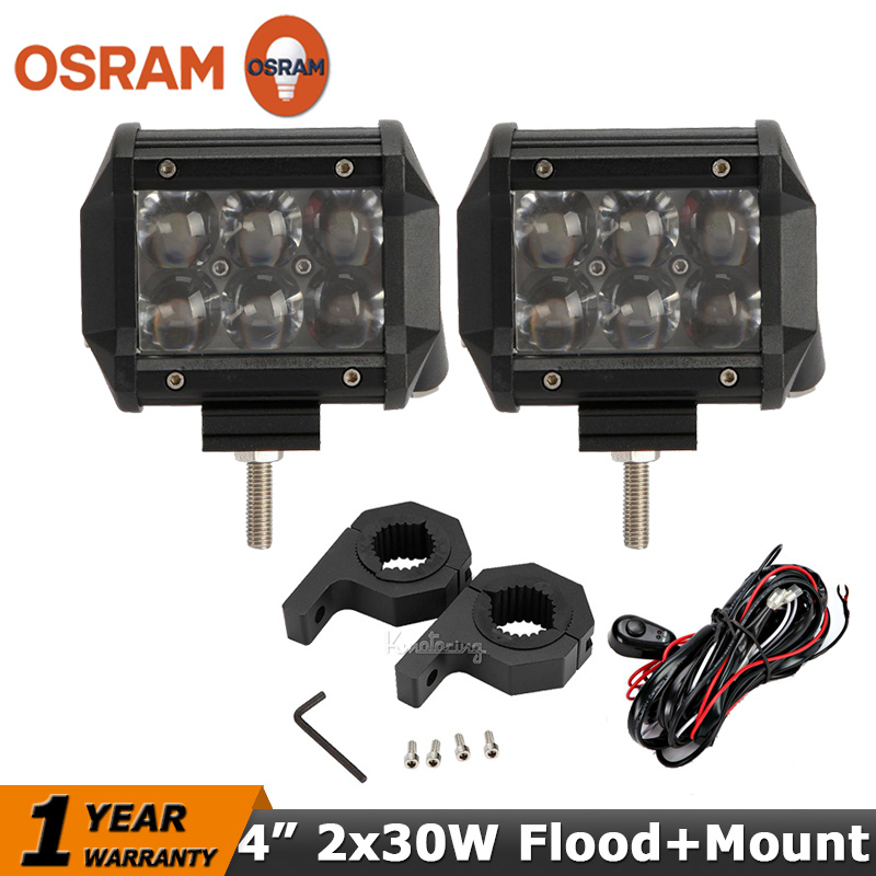 Фотография 2x 30W OSRAM Led Work Light Bar 4" Flood 12V 24V ATV UTV SUV 4WD 4x4 Offroad Light Bar Led Driving Light+Mount Brackets+Wire