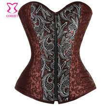 Silver Appliques Brown Brocade Steampunk Clothing Women Plus Size Corset Zipper Waist Trainer Sexy Gothic Steel Boned Corsets