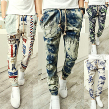 11 11 2014 special Offer men pants harem pants long style floral print cotton linen strip elastic waist Pants trousers men