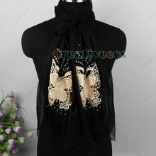 Elegant Fashion Women s Mesh Sheer With Butterfly Rhinestone 2 Layer Long Scarf Shawl
