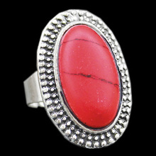 Vintage Look Tibetan Alloy Antique Silver Plated Millet Oval Red Turquoise Adjustable Rings TR46
