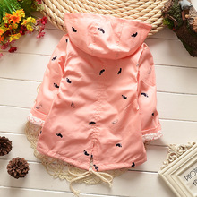 Retail 2015 Spring New Baby Girls Thin Cotton Jacket Coat Child Hooded Little Feet Printed Double