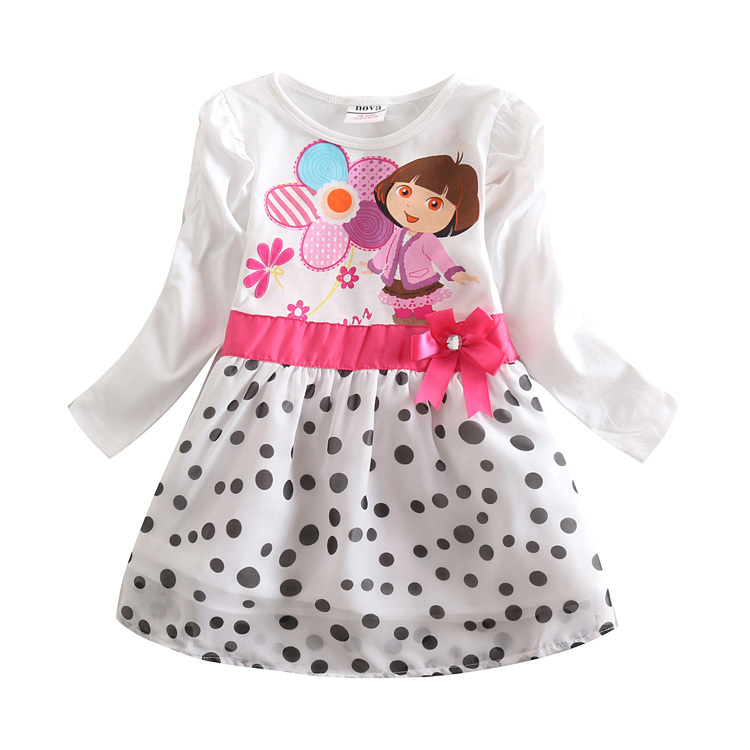 Girl Dress Dora Princess New 2014 Arrival Cartoon White & Polka Dots Girls Fashion Dresses Party Baby & Kids Girls Dresses H5070