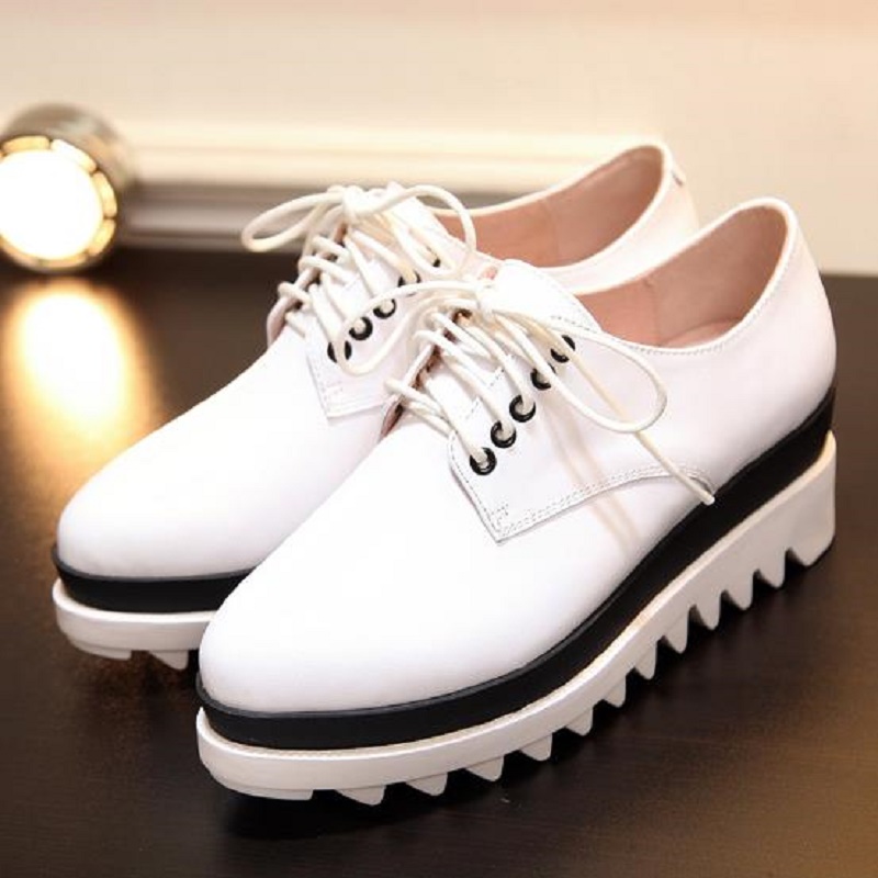 2016 new Genuine leather non-slip flat shoes brand leisure lace singles shoes for women comfortable ladies wedge platform shoes