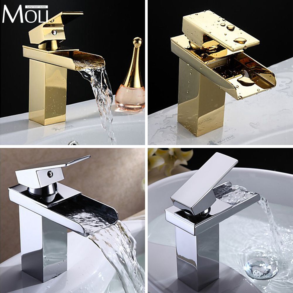 Waterfall bathroom basin faucet square brass sink water mixer tap in the bathroom