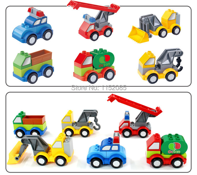 6 Kinds of Cars Blocks Toys Big Building Bricks Engineering Fire Rescue Police Car Series Compatible with Duplo Baby Toys