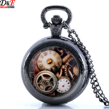High Quality Vintage Bronze Glass Gear Skeleton Steampunk Pocket Watch Necklace Black Pendant Free Shipping