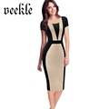 2016 Women Elegant Brief Dress Black Wear to Work Office Patchwork Style Short Sleeve Pencil Dresses