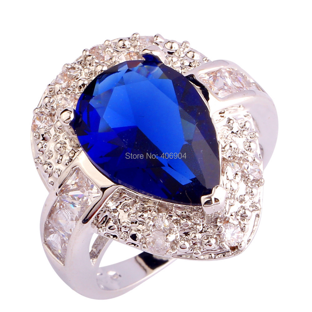 Wholesale Fashion 925 Silver Rings Pear Cut Sapphire Quartz White Topaz 925 Silver Ring Size 6