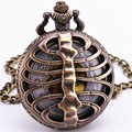 Luxury Gothic Skull Skeleon Retro Bronze Pocket Watch Quartz Men Pendant With Chain Gift Box Hot