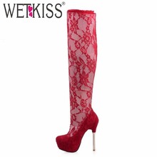 Sexy Lace Over the Knee Summer Boots Patchwork 3 Style Spool High Heels Shoes Woman Platform Dating Bar Summer Shoes 2016 Hot