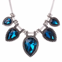 Anti Silver Plated Vintage Jewelry Waterdrop Big Crystal Statement Choker Retro Pendant Necklace For Ladies XL5157