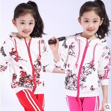 New Brand 2015 Children Autumn Clothing Sets Girls Wintersweet Printed Casual Sports Clothes Suit Kids Hooded Coat + Pants N548(China (Mainland))