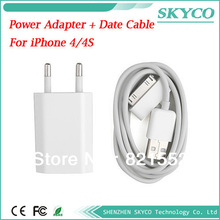 Wall Charger EU Plug  + USB date Charger cable 30 pin white Data Sync Adapter Charger USB cable for iPhone 4 4s  free shipping